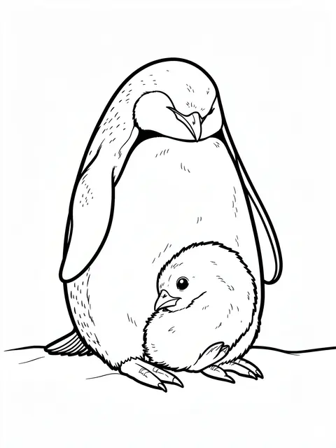 Black and white line art of an adult penguin sheltering a small chick next to its feet on a plain white background