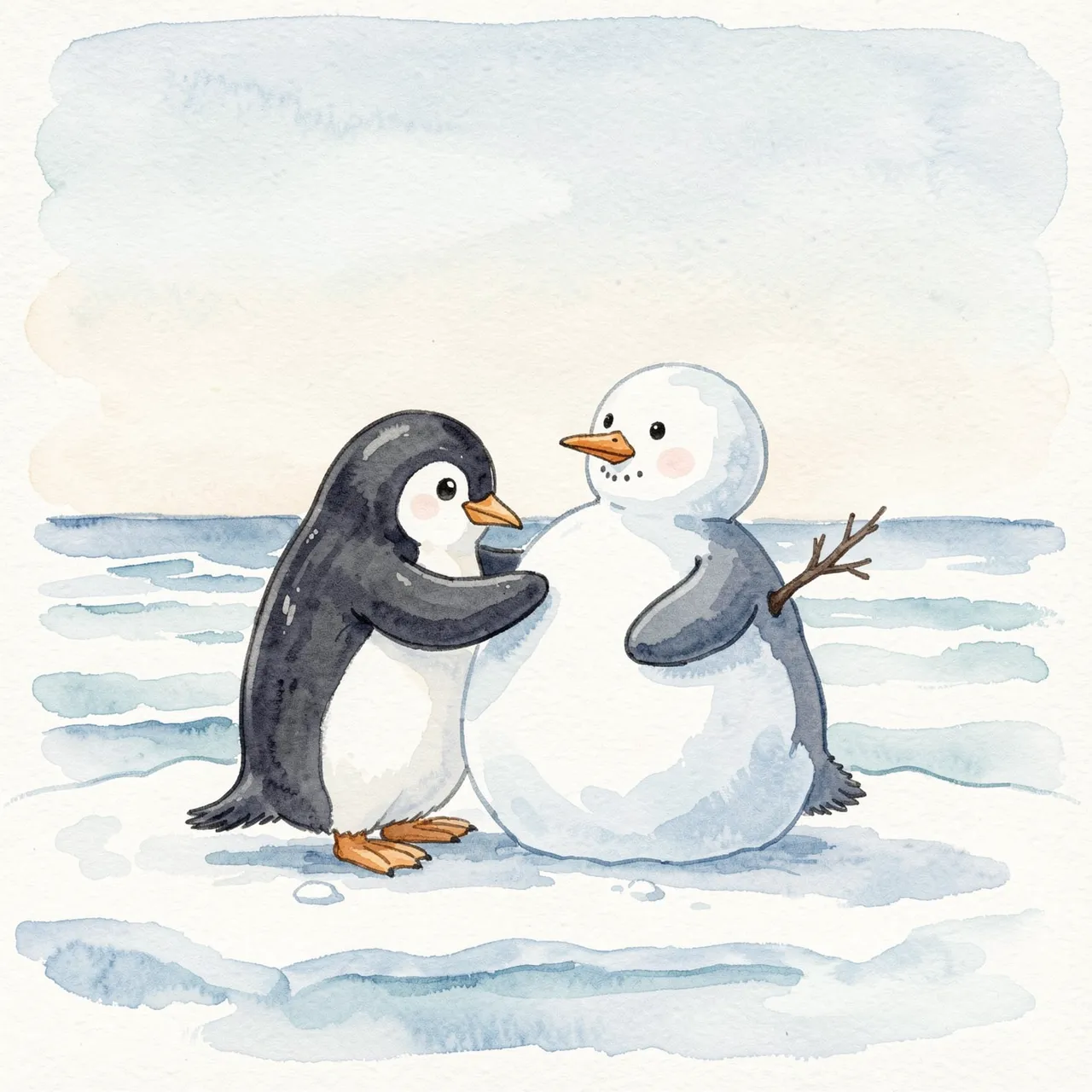 Cute watercolor illustration of a penguin building a snow penguin on an icy shore under a soft pale sky