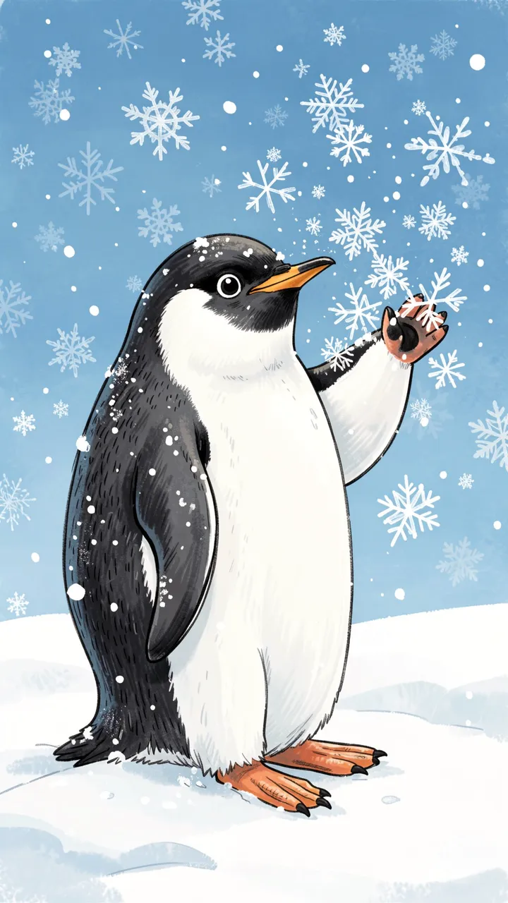 A cartoon penguin stands on snow holding out a flipper to catch falling snowflakes against a pale blue sky.