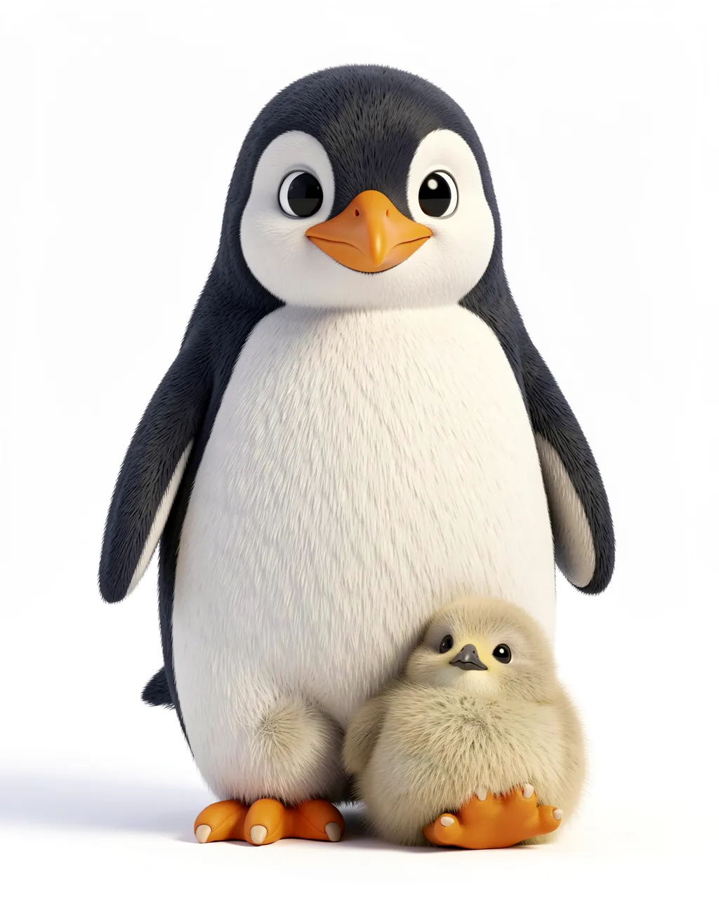 Cute fluffy 3D penguin parent stands next to a small fuzzy penguin chick against a plain white background