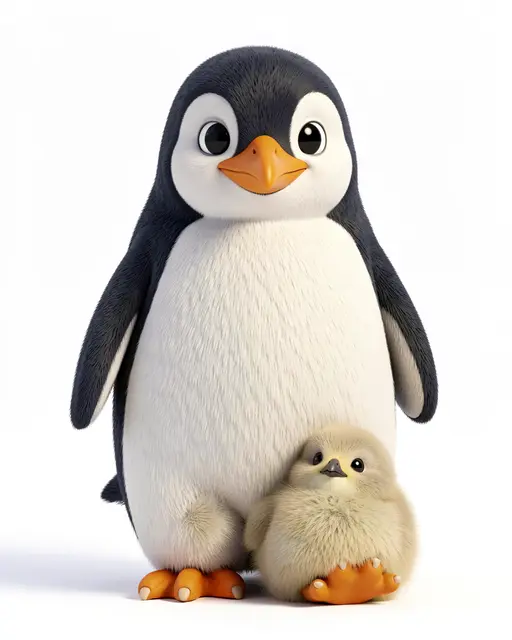 Cute fluffy 3D penguin parent stands next to a small fuzzy penguin chick against a plain white background