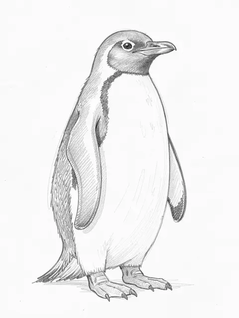 A light graphite pencil sketch of an upright standing penguin on plain white paper