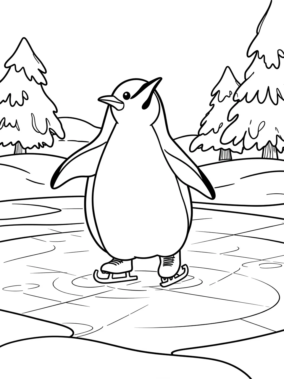 Bold black line art of a penguin wearing ice skates on a frozen winter pond
