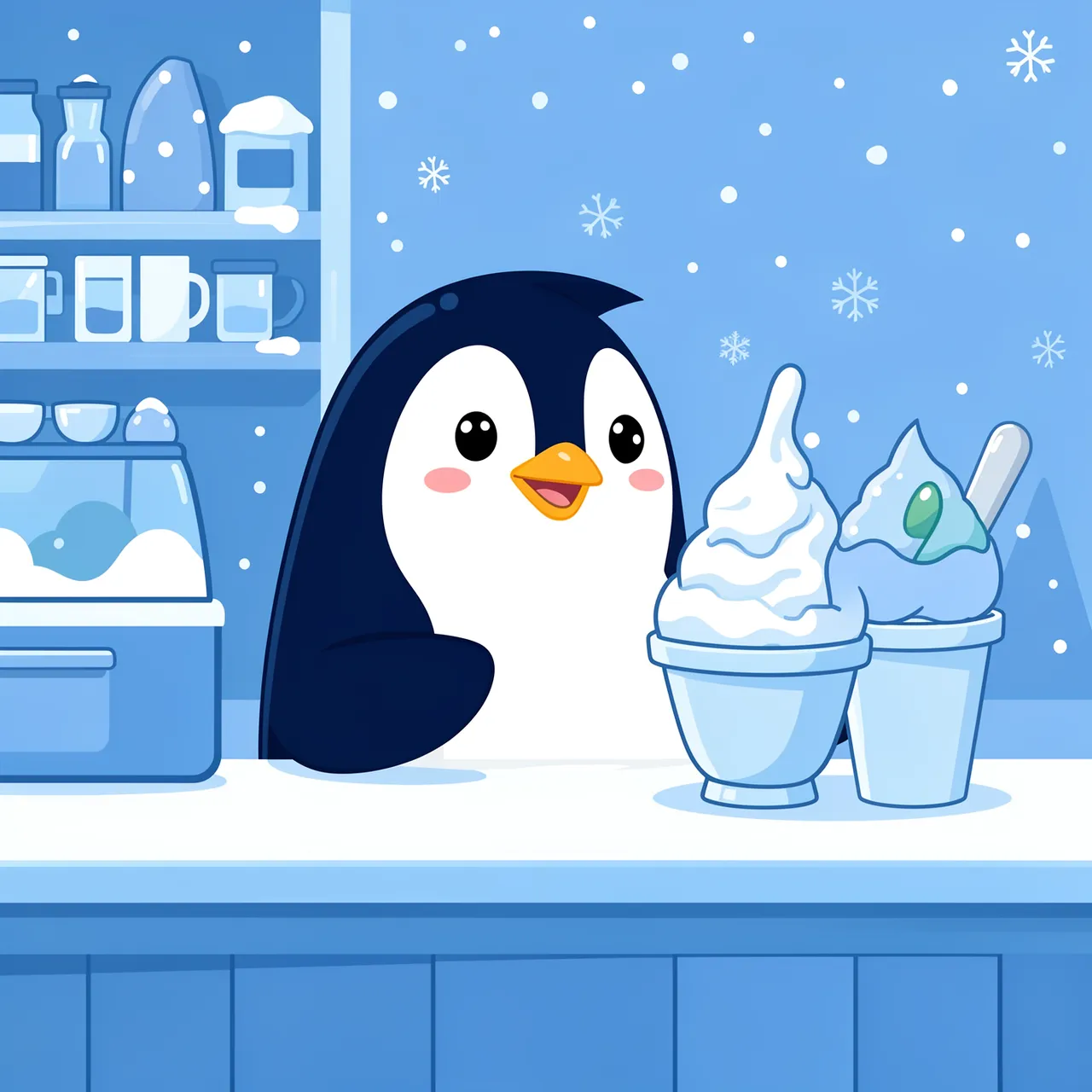 A cute cartoon penguin stands behind a snowy cafe counter with two icy dessert cups.
