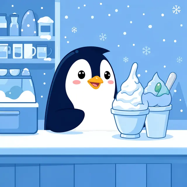 A cute cartoon penguin stands behind a snowy cafe counter with two icy dessert cups.