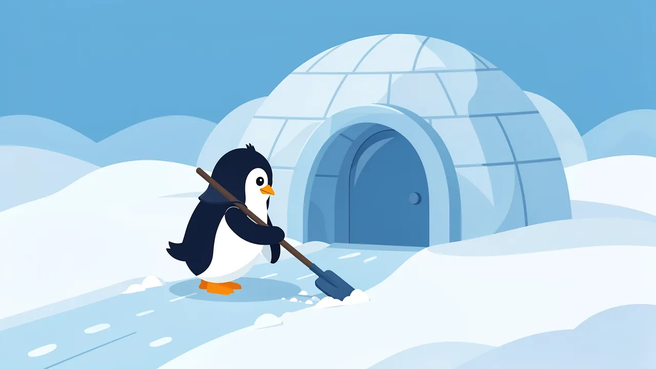 Cute cartoon penguin uses a shovel to clear a snowy path outside a domed ice igloo