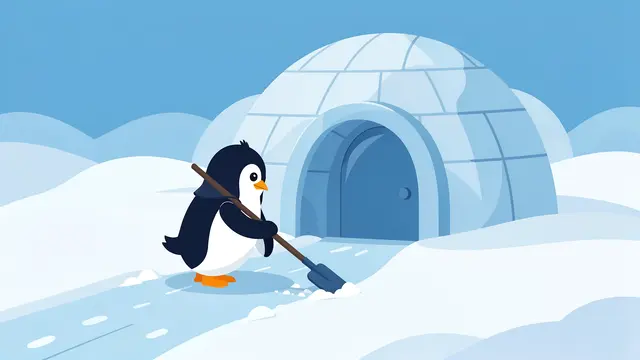 Cute cartoon penguin uses a shovel to clear a snowy path outside a domed ice igloo