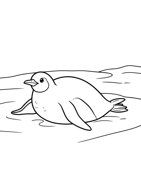 Simple bold black line art of a penguin sliding on its belly across ice on a plain white background