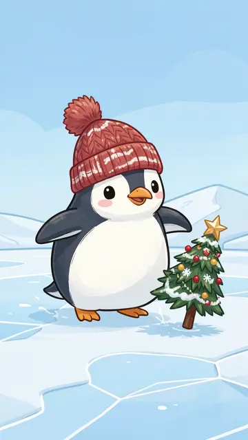 Cute cartoon penguin in a red knit pom-pom hat stands next to a small decorated Christmas tree on icy polar ground