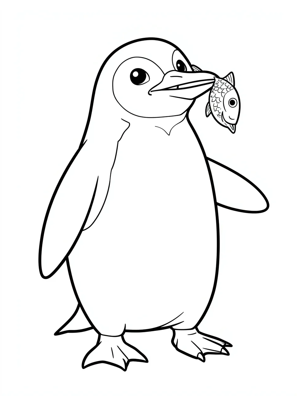 Black and white line art of a standing penguin holding a small fish in its beak on a plain white background