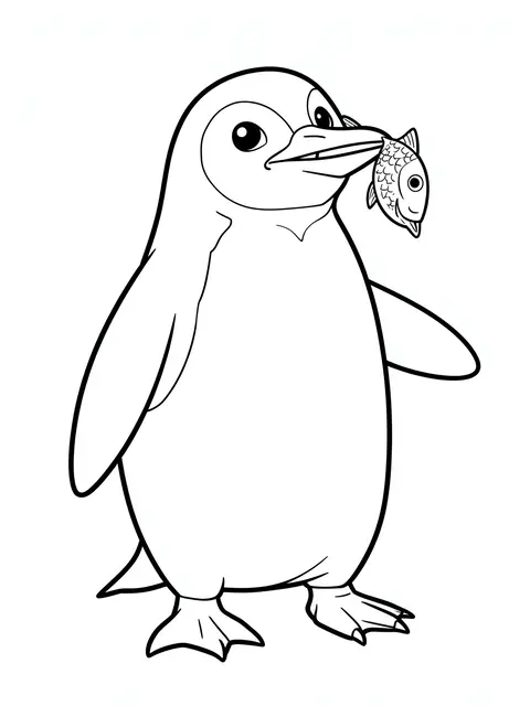 Black and white line art of a standing penguin holding a small fish in its beak on a plain white background
