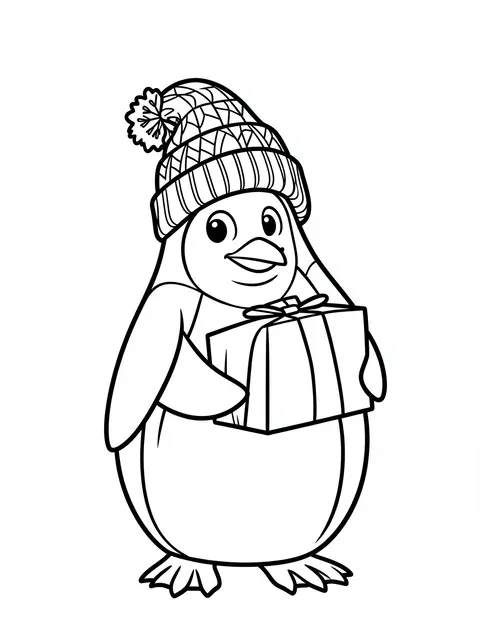 Black and white line art of a penguin in a knit beanie holding a wrapped present on a plain white background