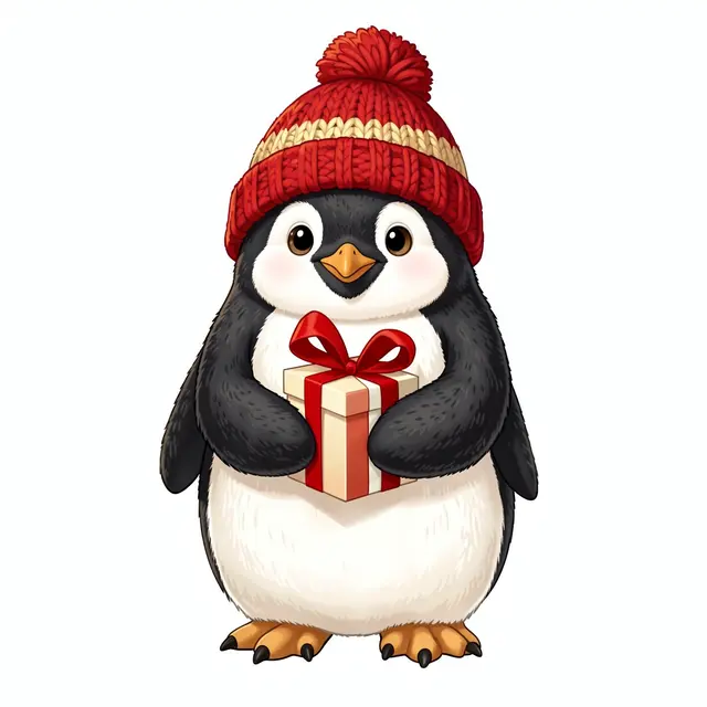 Cute cartoon penguin wearing a red knitted pom-pom hat holds a wrapped gift box against a plain white background
