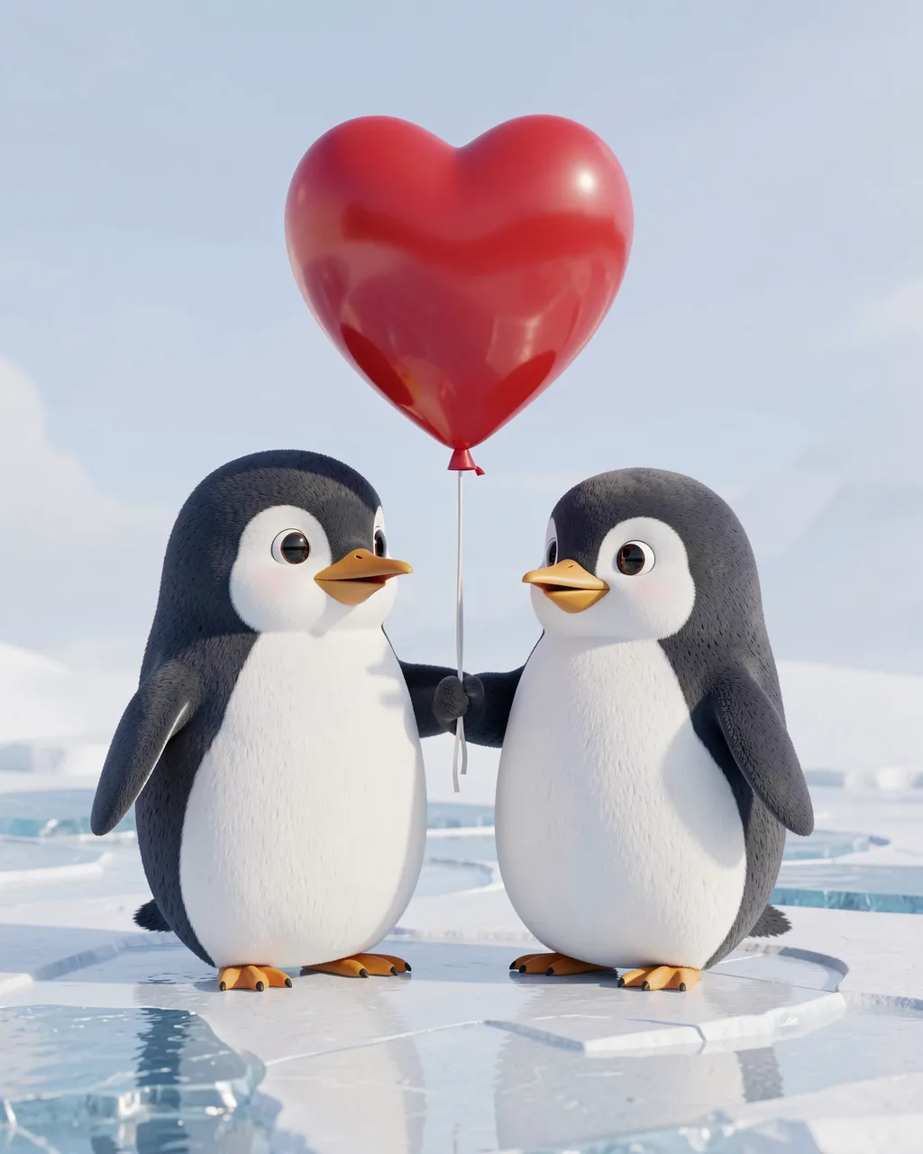 Two cute cartoon penguins stand on ice holding the string of a red heart balloon together