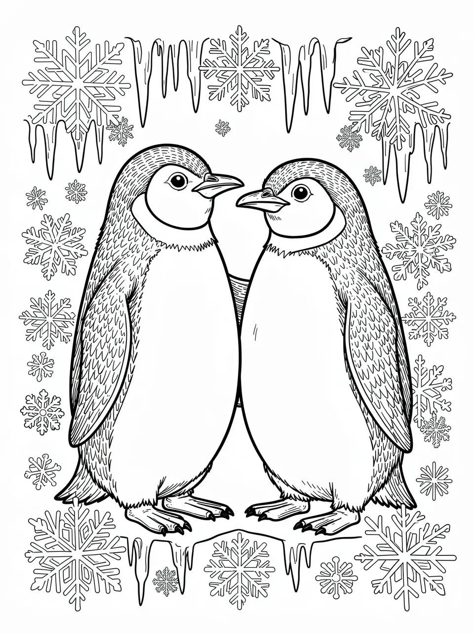 Black and white line art of two facing penguins framed by detailed snowflakes and icicles on a plain white background
