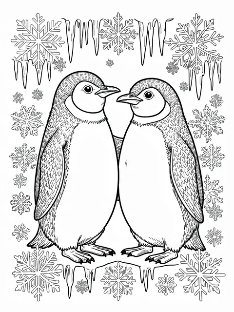 Black and white line art of two facing penguins framed by detailed snowflakes and icicles on a plain white background