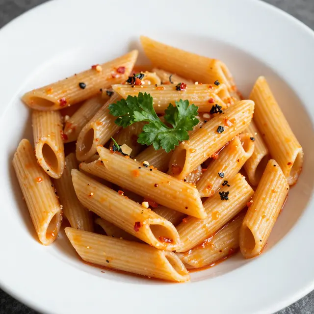 Top view of penne arrabbiata pasta garnished with parsley and chili in a white bowl