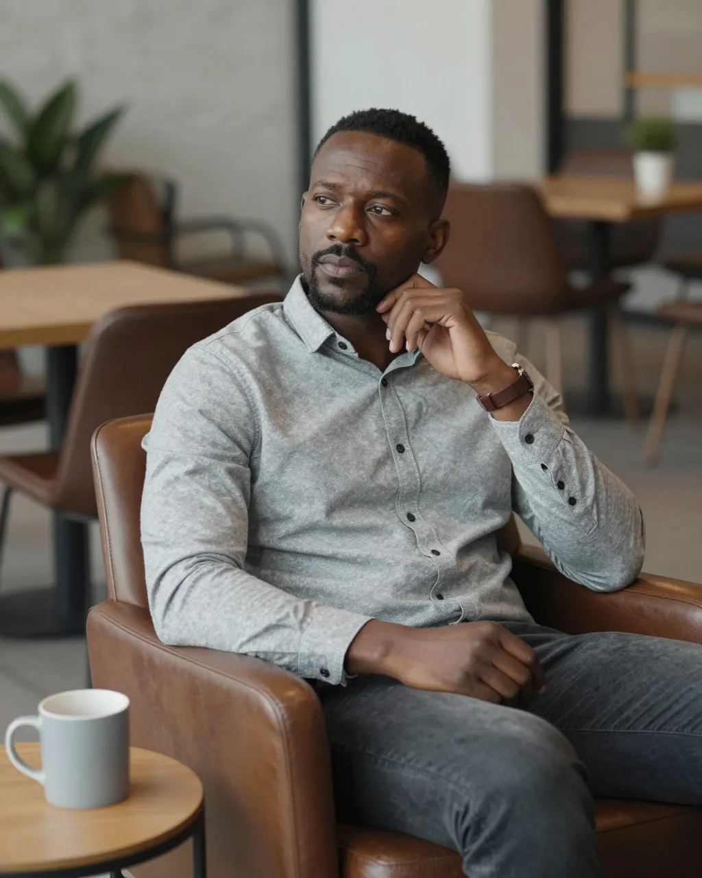 Thoughtful Black man in his forties sits in a brown leather armchair beside a mug on a side table in a modern coworking