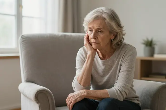 Elderly woman sits thoughtfully in a soft gray armchair in a sunlit living room