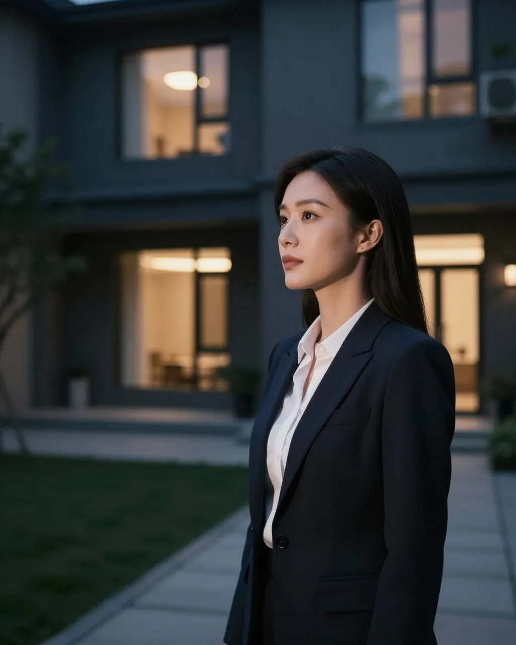 East Asian woman in a business suit stands thoughtfully outside a lit modern home at twilight