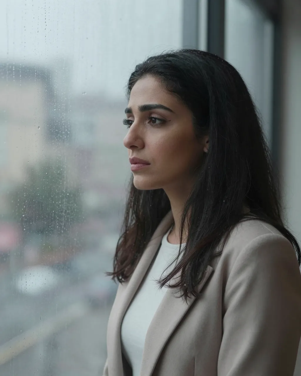 A reflective Middle Eastern woman looks out through a rain-streaked window on an overcast day