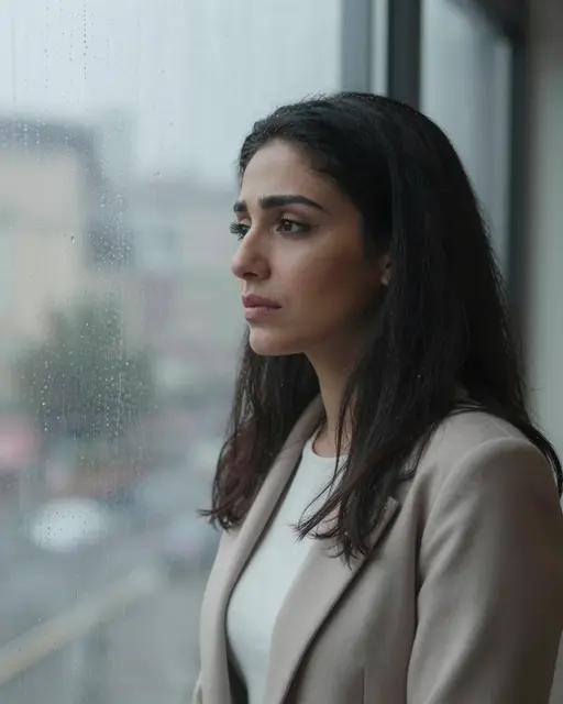 A reflective Middle Eastern woman looks out through a rain-streaked window on an overcast day
