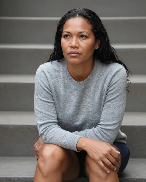 A Pacific Islander woman in a gray sweater sits on concrete stairs gazing thoughtfully into the distance.