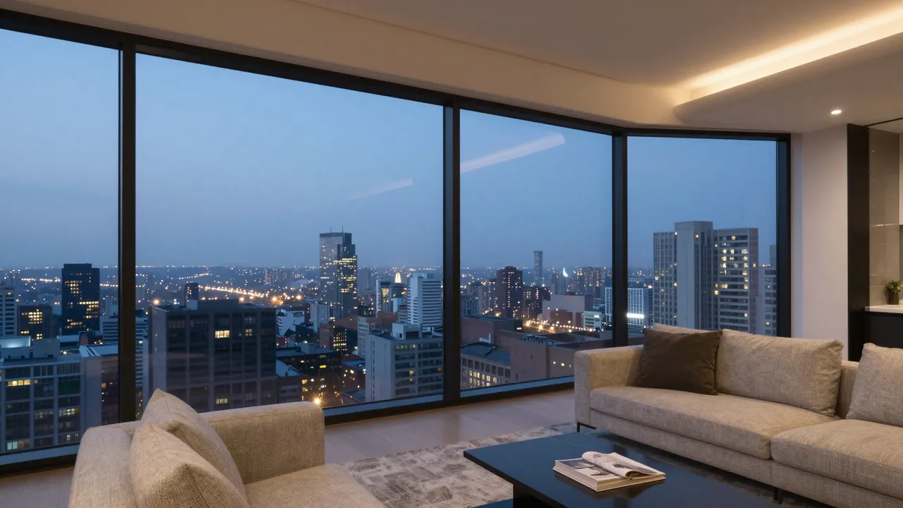 Modern penthouse living room with floor-to-ceiling windows overlooking an illuminated city skyline at dusk