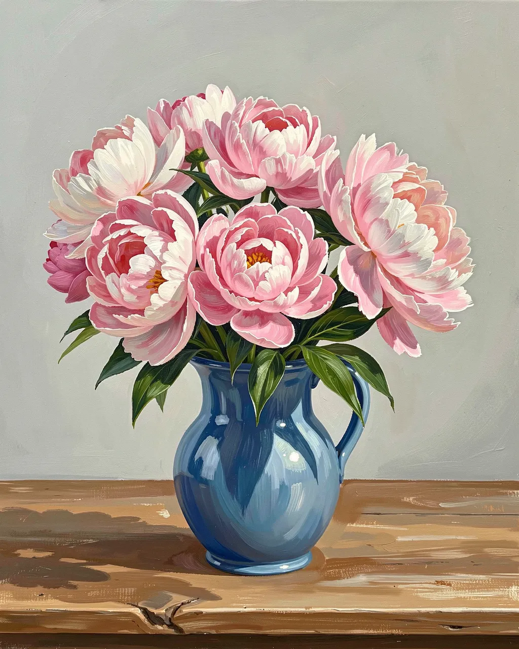 Gouache still life of pink and white peonies arranged in a blue ceramic pitcher on a wooden table