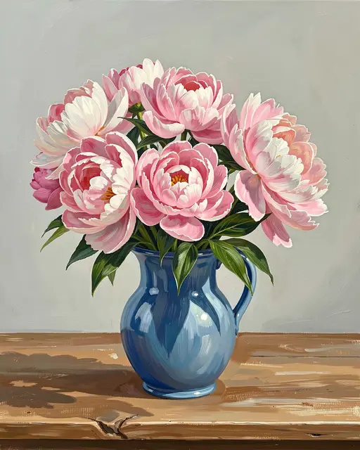 Gouache still life of pink and white peonies arranged in a blue ceramic pitcher on a wooden table
