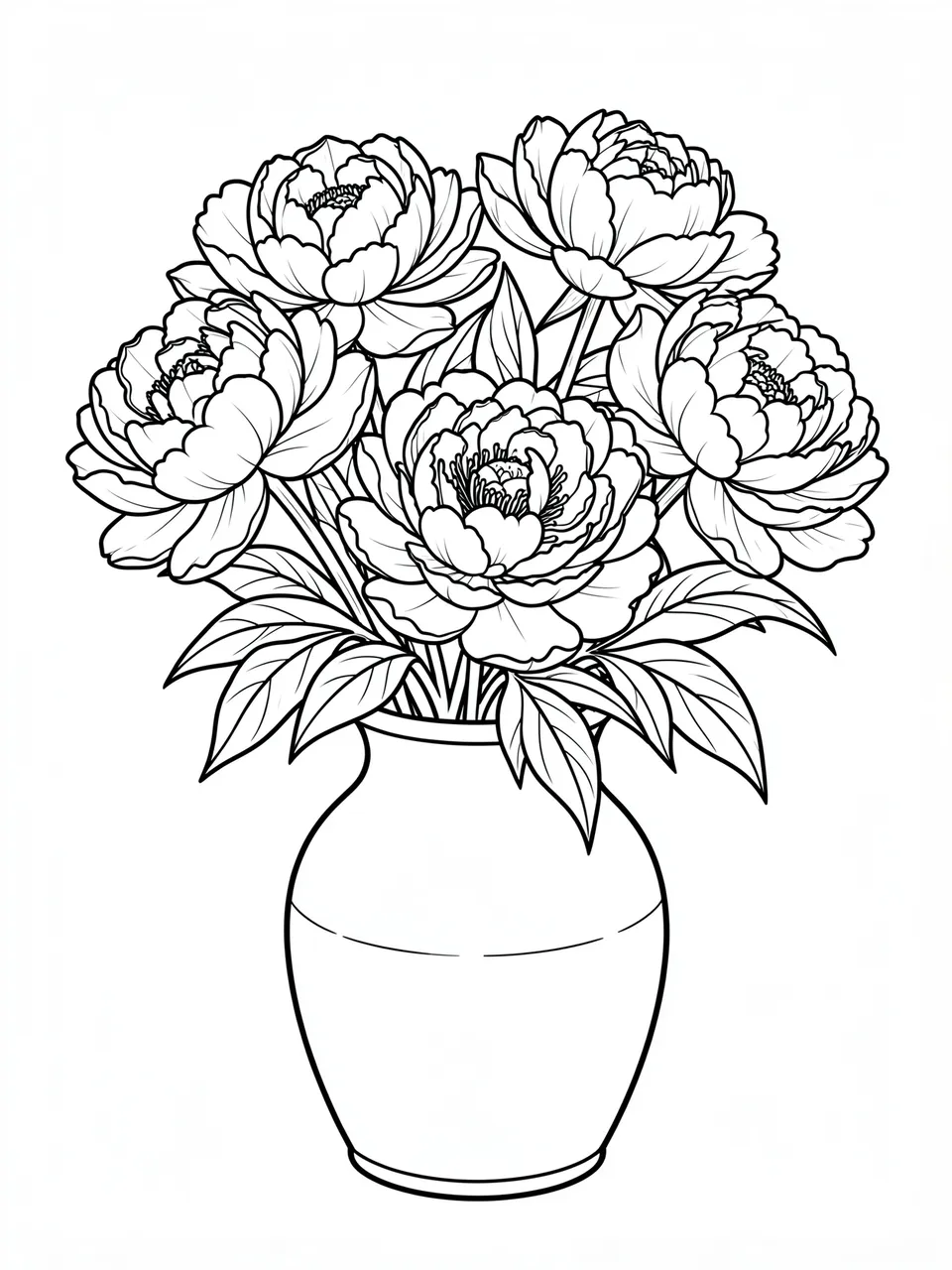 Black and white clean line art of a peony bouquet in a ceramic vase on a plain white background