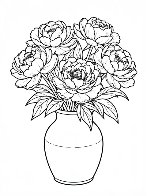 Black and white clean line art of a peony bouquet in a ceramic vase on a plain white background