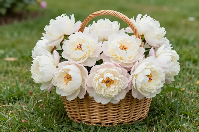 A wicker basket filled with fresh white peonies sits on green garden grass.