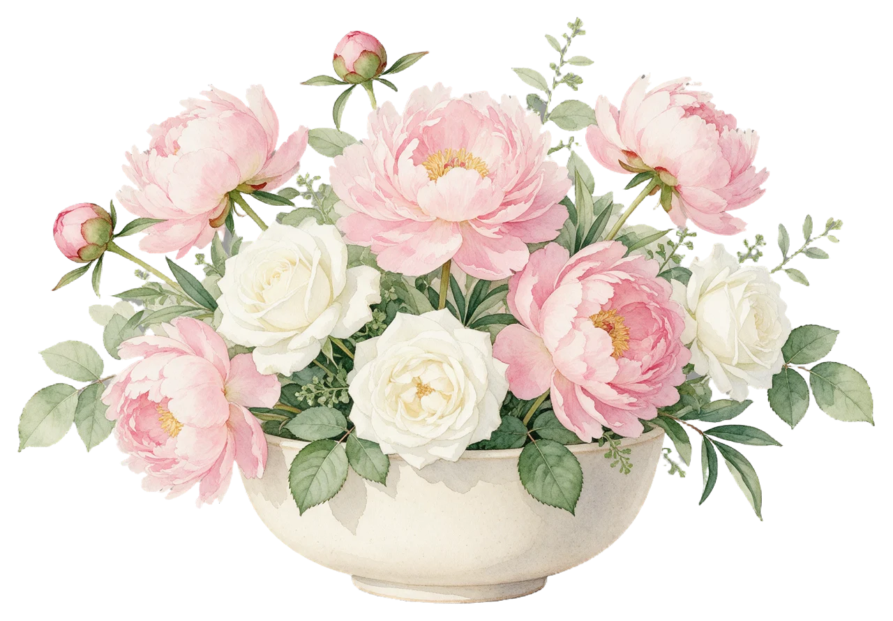 Watercolor illustration of a lush arrangement of pink peonies and white roses in a cream stoneware bowl