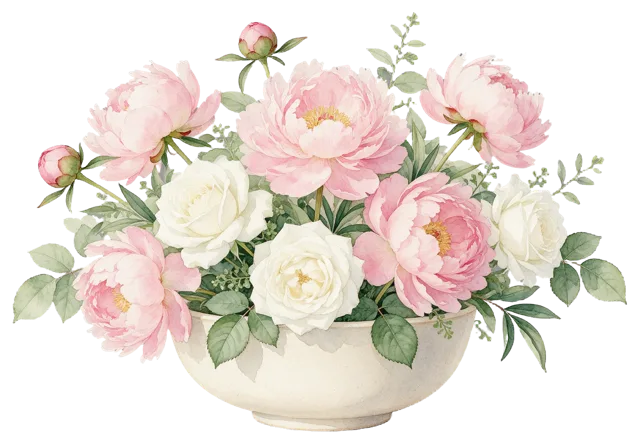 Watercolor illustration of a lush arrangement of pink peonies and white roses in a cream stoneware bowl