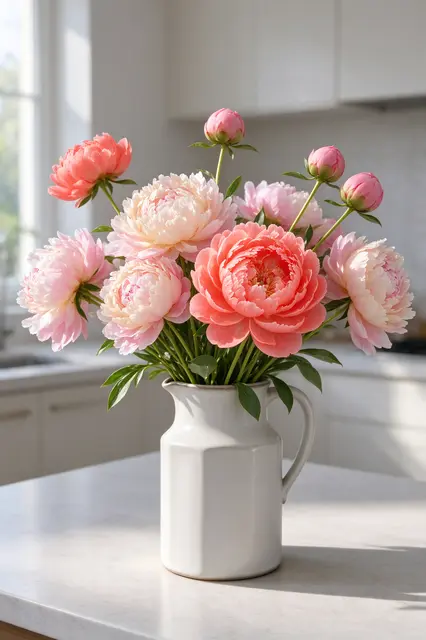 Coral and blush peonies in a white stoneware jug sit on a sunlit kitchen island