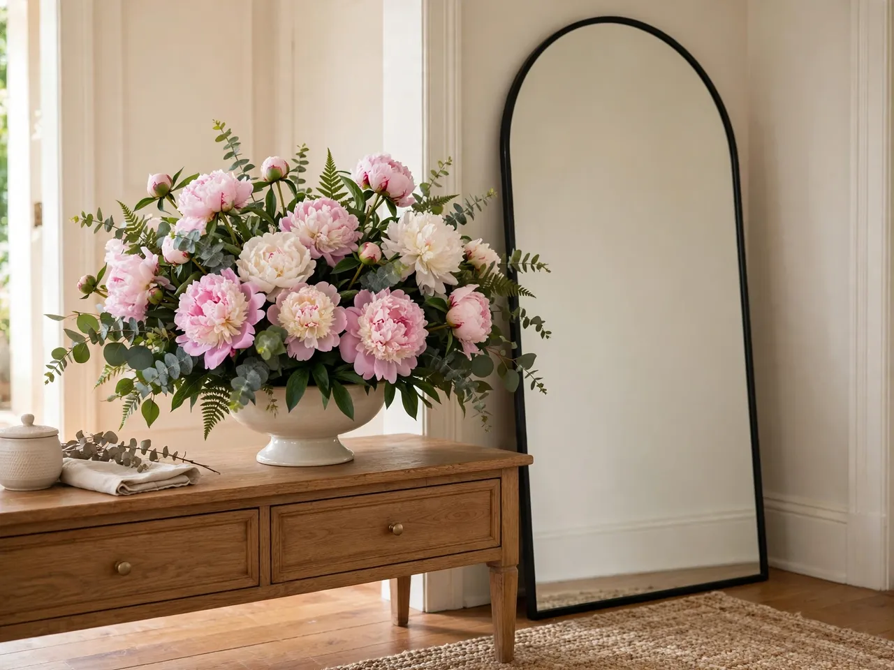 Lush pink and white peony bouquet in a ceramic bowl sits on a wooden console beside an arched mirror