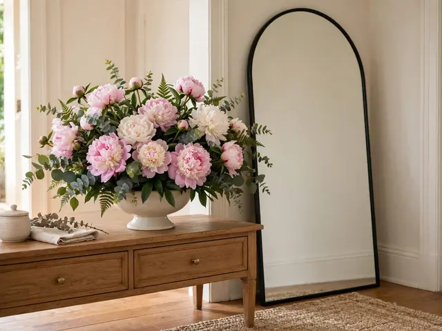 Lush pink and white peony bouquet in a ceramic bowl sits on a wooden console beside an arched mirror