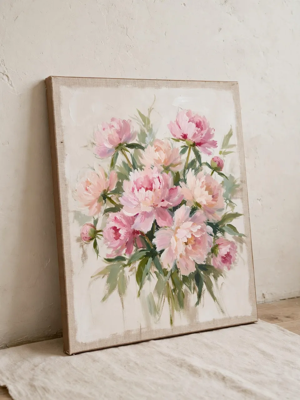 A loose acrylic peony bouquet painting leans against a plaster wall on linen fabric