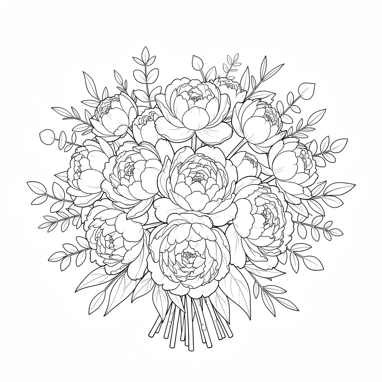 Delicate fine line art of a round peony bouquet with eucalyptus on a plain white background