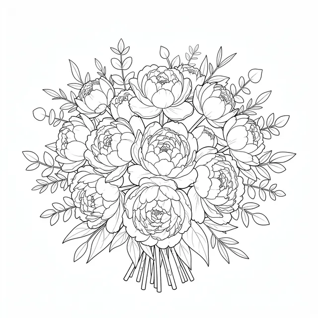 Delicate fine line art of a round peony bouquet with eucalyptus on a plain white background
