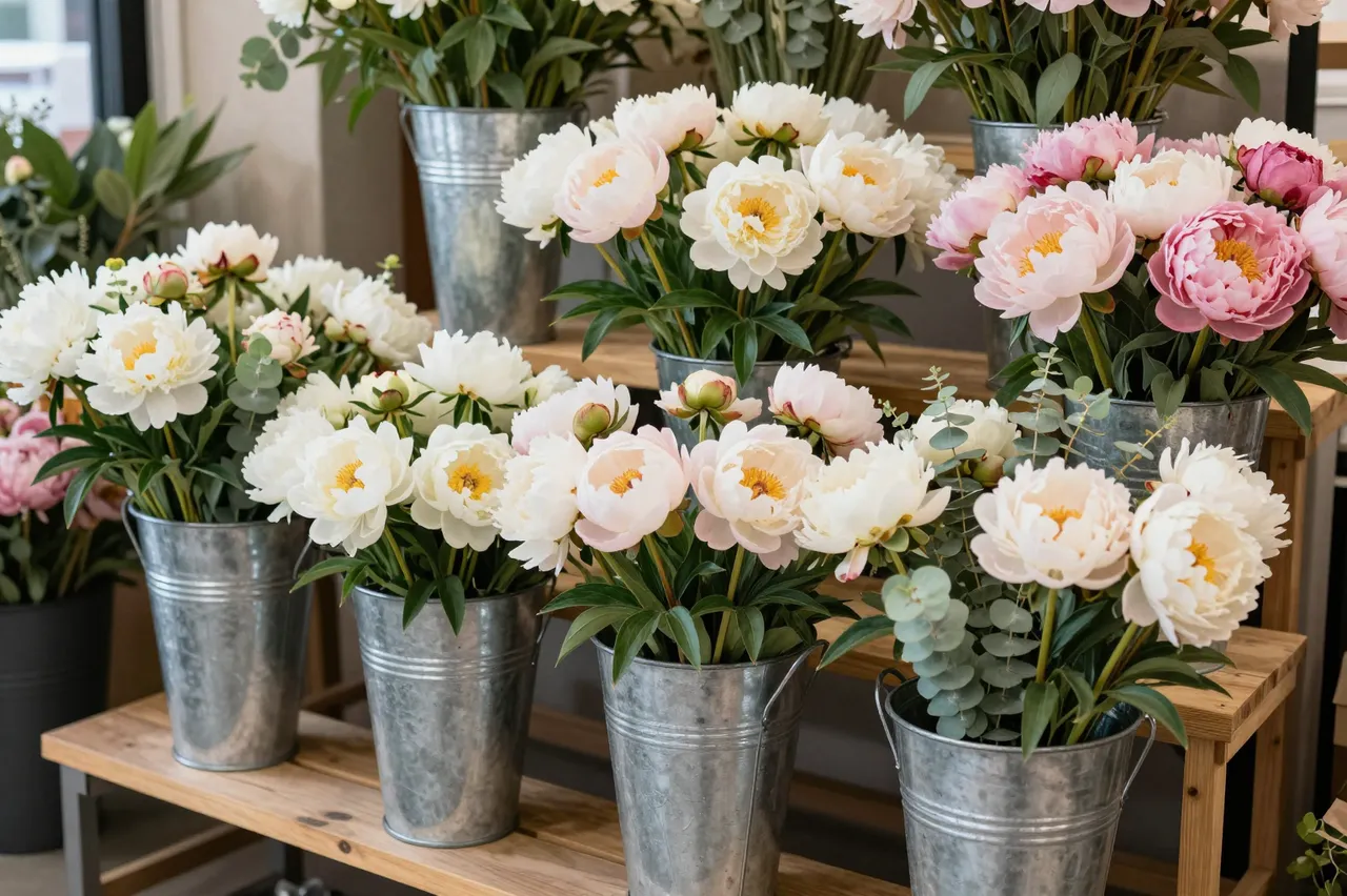 Arrangements of pink and white peonies with eucalyptus sit in galvanized buckets on wooden shop tiers