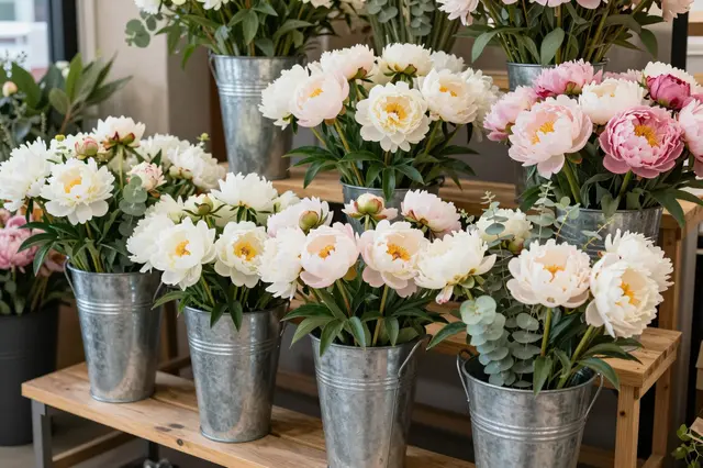 Arrangements of pink and white peonies with eucalyptus sit in galvanized buckets on wooden shop tiers