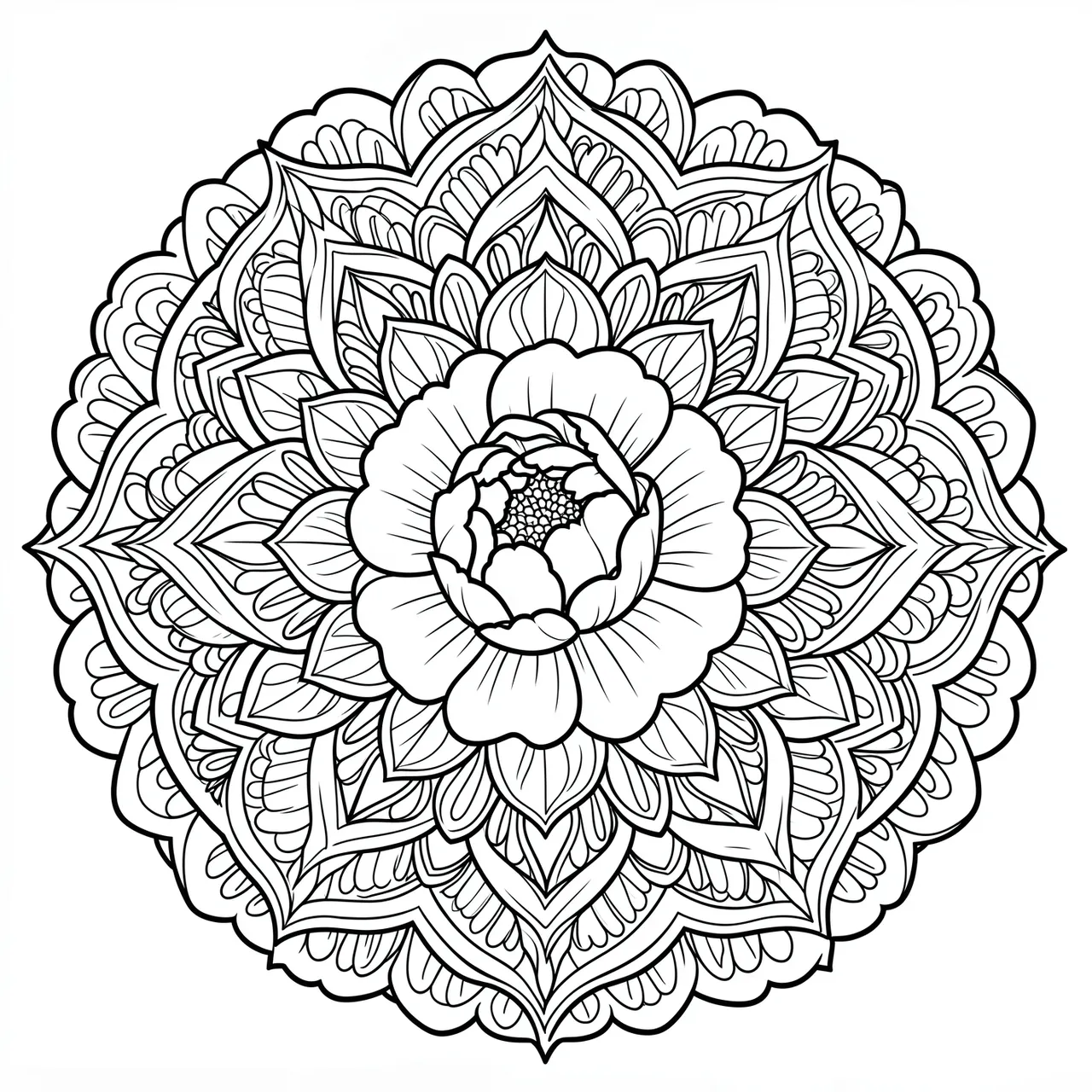 Intricate black and white mandala line art with a peony center on a plain white background