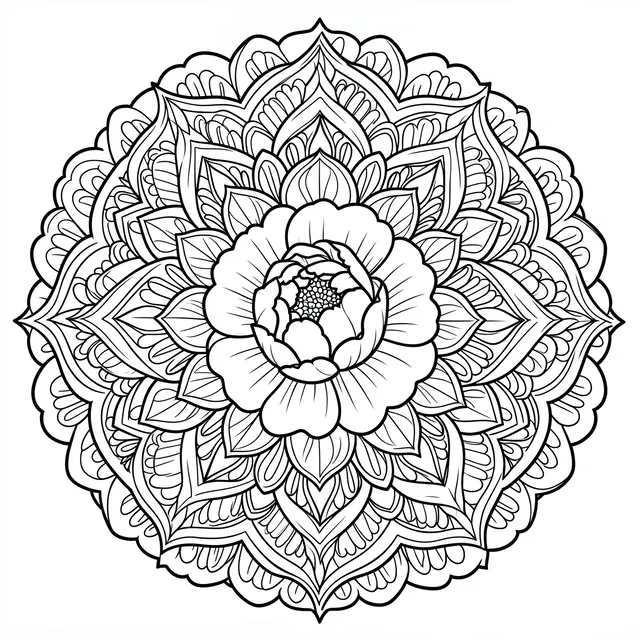 Intricate black and white mandala line art with a peony center on a plain white background
