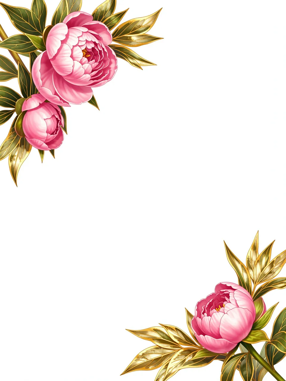Blush peonies with gold-edged leaves sit in the top left and lower right corners of a blank white background