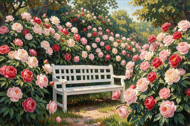 Impressionist oil painting of a white wooden bench surrounded by blooming pink, red and white peonies in a sunny garden