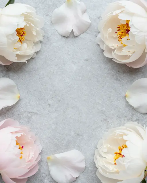 Overhead view of blush and white peonies and scattered petals arranged around the edge of a pale gray stone surface with
