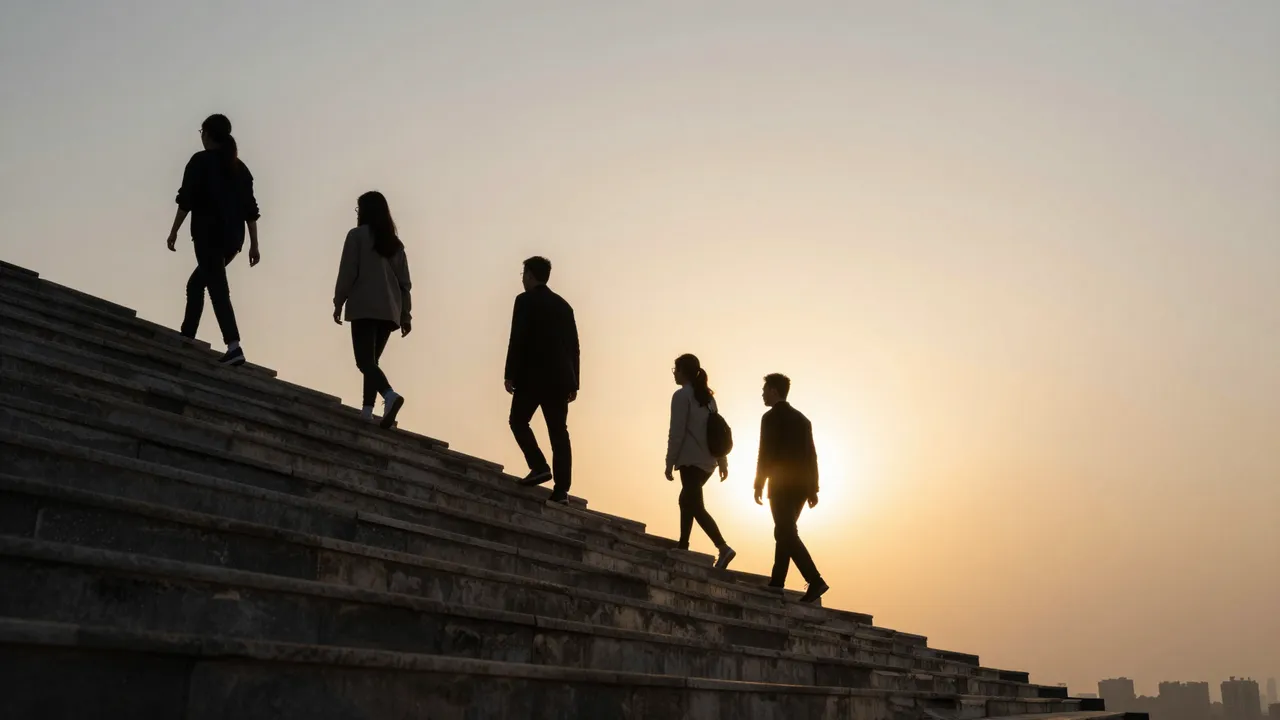 Silhouetted people walk up a long stone staircase toward a glowing setting sun.