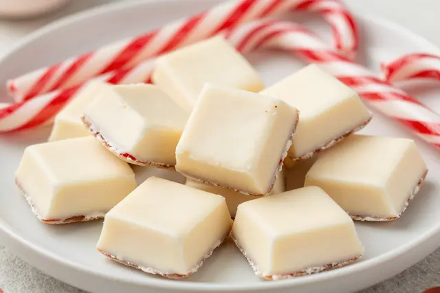 Square peppermint bark pieces rest on a light plate alongside striped candy canes.